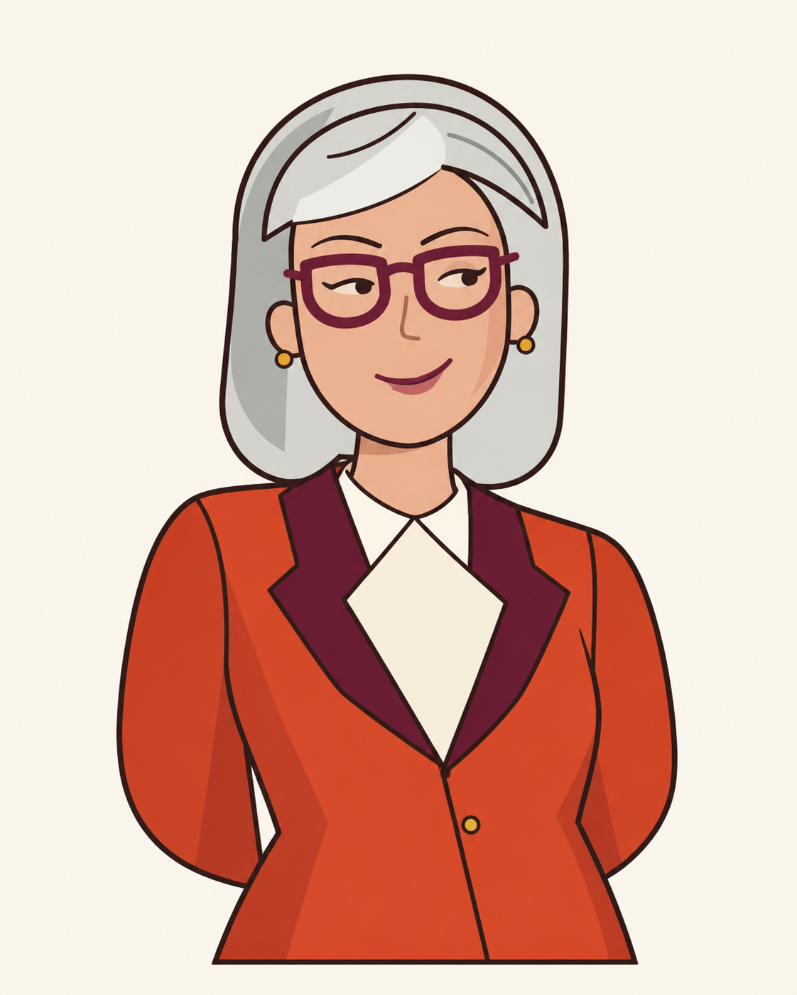 Illustrated Marge, your AI marketing agent, with a silver bob, merlot glasses, a terracotta jacket, and her hands behind her back